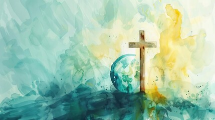 faithful planet earth with christian cross symbolic digital watercolor illustration
