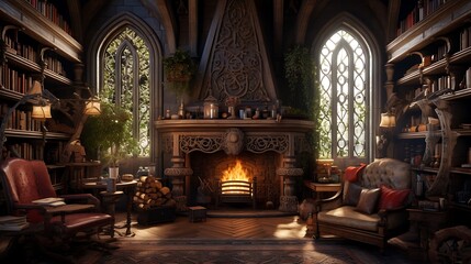 Shape a wizard's library living room with mystical tomes and intricate magical detailing