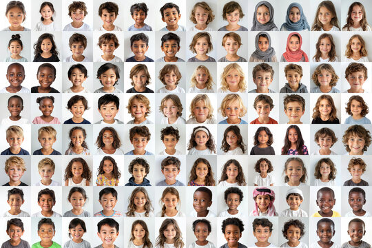composite portrait of little children of different cultures headshots on white background, including all ethnic, racial, and geographic types  children in the world on white background