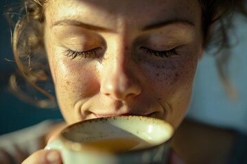 A close-up shot of a woman savoring a cup of tea, her eyes closed in bliss, with soft morning light gently illuminating her face, conveying a sense of comfort and tranquility