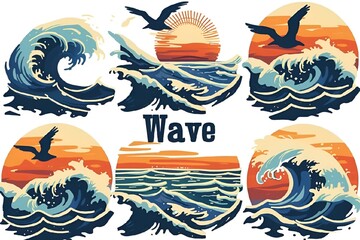 AI generated illustration of various waves and seagulls at sunset on the ocean