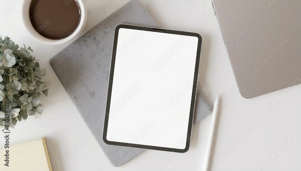 Poster tablet on table with decoration - tablet mockup for application presentation, web design or user int