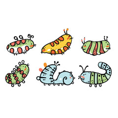 Five colorful cartoon caterpillars variety patterns dots stripes. Cute insect characters kids illustrations lively colors. Childfriendly design caterpillars playful cheerful artwork
