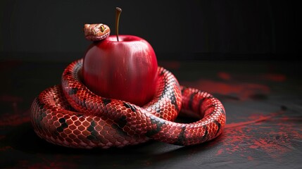 forbidden fruit red striped snake coiled around crimson apple on black background temptation and sin concept 3d render