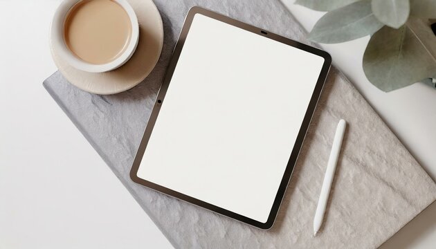 Tablet on Table with Decoration - Tablet Mockup for Application Presentation, Web Design or User Interface Design - Template for Representation and Presentation of Design