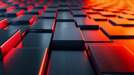 Fototapeta premium Orange illuminated circuit-like cube design on a dark background.