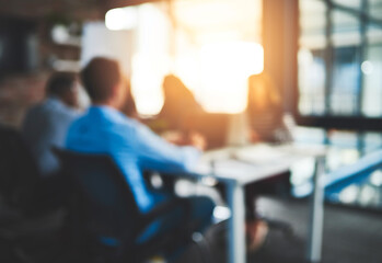 Meeting, boardroom and teamwork in office, blurred and lens flare in workplace. Planning, employee...