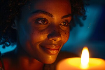 A close-up portrait of a woman, her face illuminated by the warm glow of candlelight, radiating happiness and tranquility in the quietude of the evening