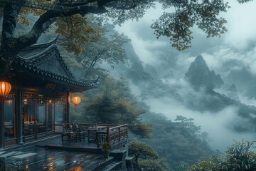 Obraz premium House in the Middle of a Foggy Forest