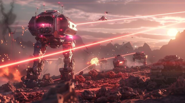 futuristic scifi battlefield robots and lasers in epic combat 3d render