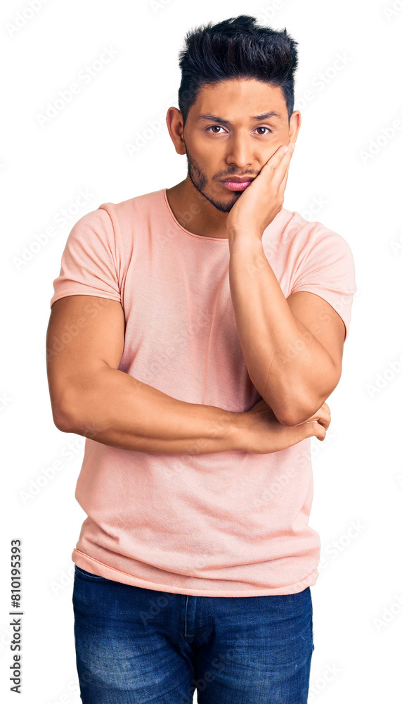 Poster handsome latin american young man wearing casual clothes thinking looking tired and bored with depre