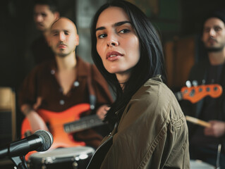 Young female singer with guitarist in the background and the rest of her band