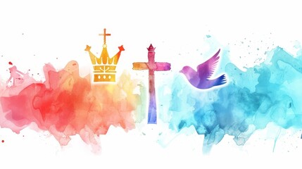 holy trinity symbols of cross crown and dove on watercolor background vector illustration