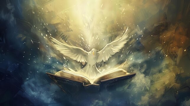 holy spirit descending over open bible digital painting