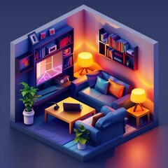 A beautiful isometric scene of household items, perfectly arranged to create a cozy environment, model isolated on solid background