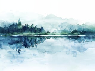A beautiful watercolor of a serene lake, reflecting the calmness of nature, isolated with a white background