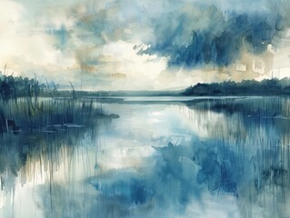 Obraz premium A beautiful watercolor of a serene lake, reflecting the calmness of nature, isolated with a white background