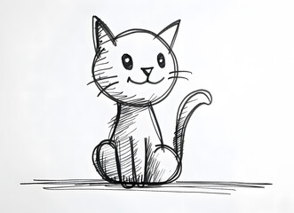 A monochromatic illustration of a sitting cat, showing detailed features such as its nose, head, eyes, carnivore jaw, felidae ears, and cartoonlike gestures