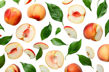 A close-up image of fresh peaches with green leaves on a black background.