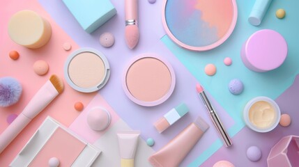 A colorful background with a variety of makeup items, including a brush