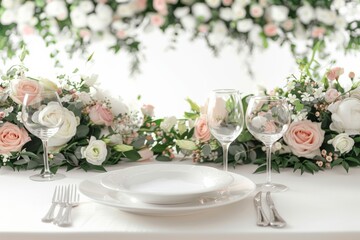 Elegant Table Setting With White and Pink Flowers and Silverware