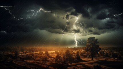 A Majestic Thunderstorm Unleashes Lightning over a Serene Field at Dusk