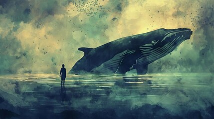 jonah and the whale man silhouette in water digital watercolor painting