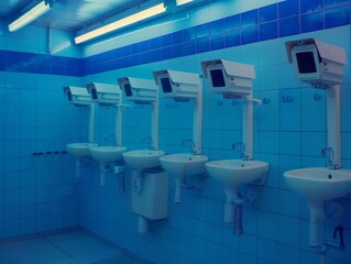 A row of sinks and urinals in a blue bathroom with cameras. Generative AI.