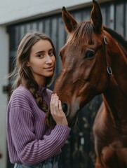 Obraz premium A woman in a purple sweater petting the nose of a horse. Generative AI.