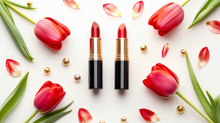 Obraz na płótnie Canvas Lipsticks with tulips on white background