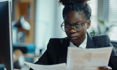 A woman in glasses looking at a piece of paper. Generative AI.