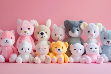 A kawaii group of plush animals, each with a charming personality, model isolated on solid color background