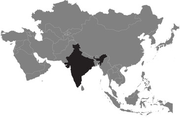Obraz premium Highlighted black map of INDIA inside dark grey detailed blank political map of Asia using orthographic projection on transparent background, without Russia