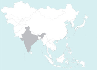 Highlighted grey map of INDIA inside white detailed blank political map of Asia on blue background, without the Middle East and Russia