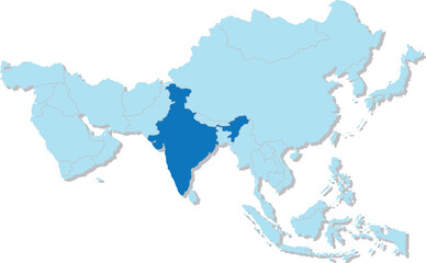 Highlighted blue map of INDIA inside light blue 3D blank political map of Asia orthographic projection on transparent background, without Russia