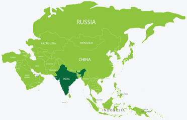 Highlighted green map of INDIA inside light green political map of Asia using orthographic projection on light blue background