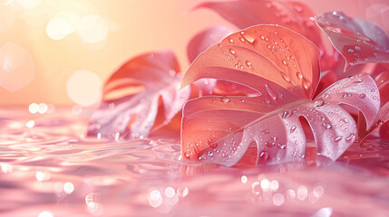 monstera and anthurium foliage in water with  coral  hues