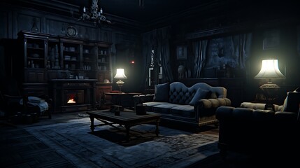 Design a haunted house living room with eerie lighting and antique, ghostly furniture