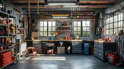 A digitally rendered image of a garage workshop filled with various tools and equipment, showcasing a detailed and realistic setup - Powered by Adobe