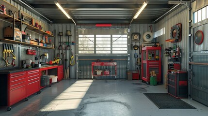 A digitally rendered image of a garage workshop filled with various tools and equipment, showcasing a detailed and realistic setup