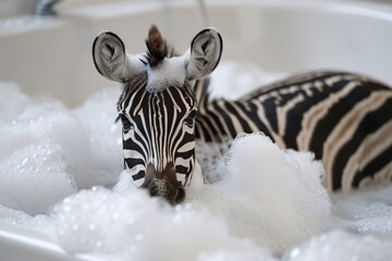 Detailed zebra shampoo stripes bath relax enjoy water soak foam bubbles grooming care clean wash wildlife nature wild big animal mammal