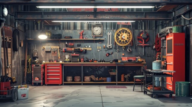 A digitally rendered image of a garage workshop filled with various tools and equipment, showcasing a detailed and realistic setup