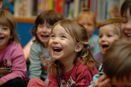 Delightful scene of children laughing during storytime
