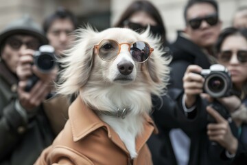 A dog wearing sunglasses and a jacket with people taking pictures of it. AI. - Powered by Adobe