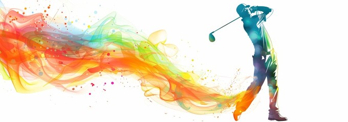 Golf player, banner design with a white background and colorful splash of colors in the shape of a golf swing motion blur effect Generative AI