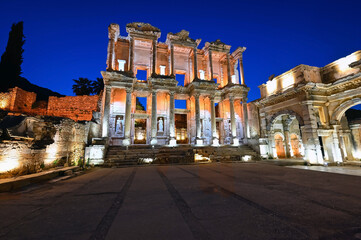 Celcius library in Ephesus ancient city at night, the popular tourist destination of Turkey.