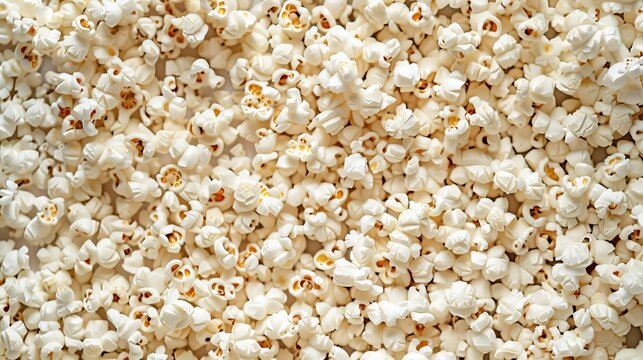 A close-up texture of scattered salted popcorn, capturing the detailed, crisp texture ideal for background or food concept designs.

