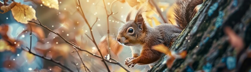 Obraz premium Creative charismatic of an arboreal animal, a squirrel in a tiny adventurer s outfit, exploring a tree cityscape, with something on hand, Sharpen banner with copy space