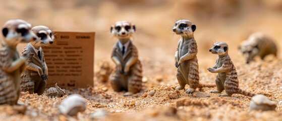 Creative charismatic of a social animal, meerkats in miniature suits, conducting a business meeting in a desert scene, with something on hand, Sharpen banner with copy space
