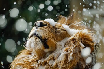 Close-up lion grooming mane care water foam bubbles wildlife nature wild big cat feline soap...